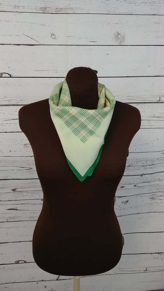 Green Plaid Scarf, Vintage Polyester Scarf - image 1