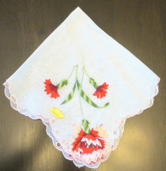 Red Carnation Hanky, Floral Handkerchief