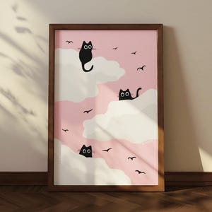 Lámina artística de gato rosa en el cielo: decoración caprichosa de inspiración japonesa