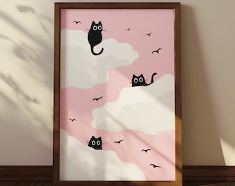 ピンクの空猫のアートプリント：日本風の気まぐれな装飾