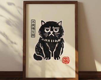Impressão artística japonesa do gato rabugento: pôster minimalista em kanji por Jonas Loose