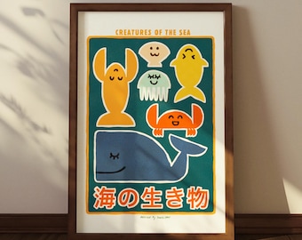 Lámina artística minimalista de criaturas marinas: medusas, cangrejos y letras japonesas