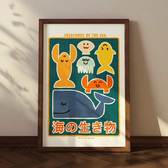 Minimalist Sea Creatures Art Print: Jellyfish, Crab & Japanese Lettering
