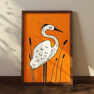 Lámina artística de garceta grande de Jonas Loose: pájaro de inspiración japonesa entre juncos. Póster minimalista de naturaleza con estética japonesa moderna.