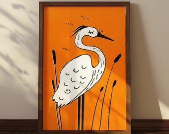 ジョナス・ルースによるダイサギのアートプリント – 藪の中の日本風鳥 | モダンでジャパニーズな美学を備えたミニマルな自然ポスター