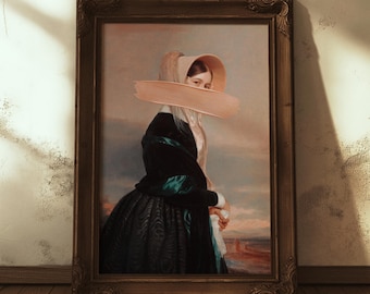 May include: A framed portrait of a woman in a dark dress and bonnet, with a large, light-colored brushstroke obscuring her face. The artwork is set against a muted landscape background, framed in a dark wood.