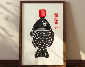 Soy Sauce Fish Art Print: Minimalist Japanese Kitchen Poster