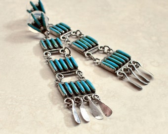 Old Pawn Zuni Fringe Earrings with Turquoise - Zuni Needlepoint Earrings - Long Vintage Native American Earrings - Roca Fine And Dandy