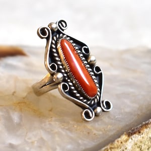 Old Pawn Sterling Silver and Coral Ring - Vintage Navajo Womans Ring - Natural Coral Ring - Size 5 - Dead Pawn - Roca Fine and Dandy