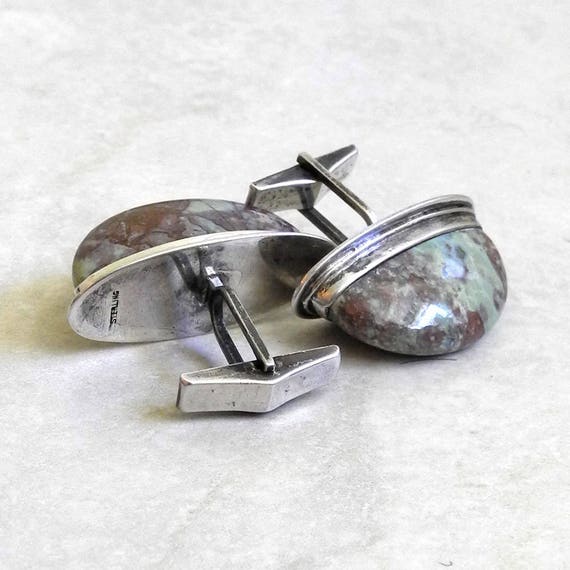 Vintage Sterling Silver Cuff Links - Green Cuff L… - image 3