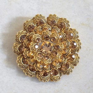 Large Rhinestone Brooch - Pendant - Vintage - Topaz Rhinestone - Vintage Gold Pin - Flower Brooch Pendant- Costume - Roca Fine and Dandyandy