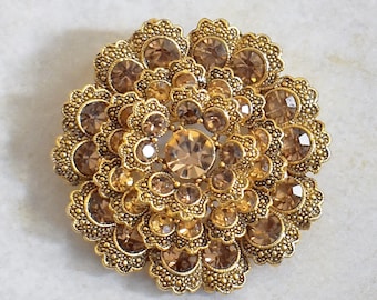 Large Rhinestone Brooch - Pendant - Vintage - Topaz Rhinestone - Vintage Gold Pin - Flower Brooch Pendant- Costume - Roca Fine and Dandyandy
