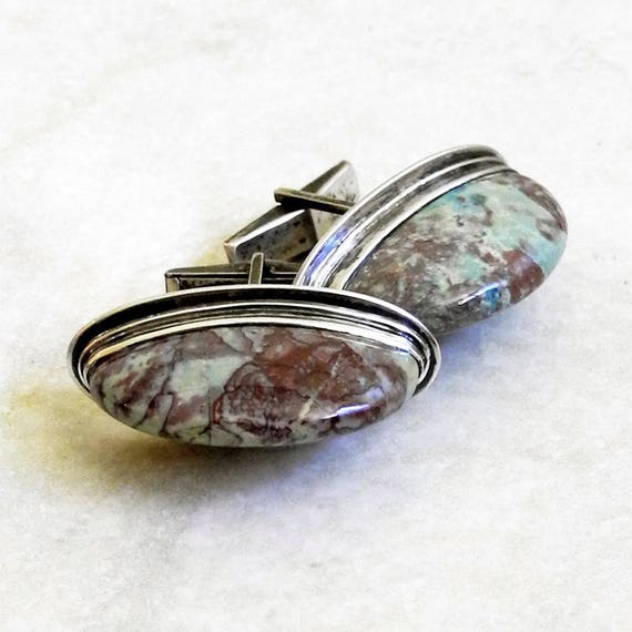 Vintage Sterling Silver Cuff Links - Green Cuff L… - image 2