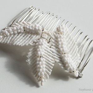 Embroidered Fern Hair Comb / White Beaded Leaf Bridal Hair Accessory