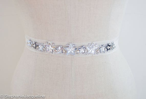 Silver Star Sequin Unique Bridal Belt Hand Embellished Wedding