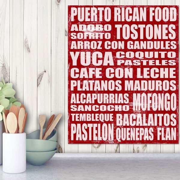 Puerto Rican Food Sign Poster, Word Art, Modern Boricua Home Wall Decor, Kitchen Print, Restaurant, Vintage, Subway, Various Sizes, RED