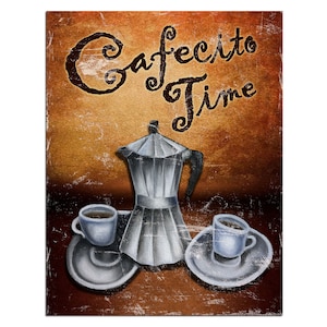 May include: A vintage-style illustration of a coffee pot, two cups of coffee, and the text "Cafecito Time". The background is a brown and gold color with a distressed texture.