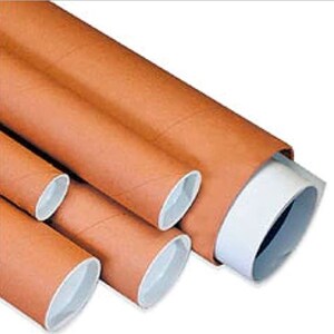 May include: Several brown cardboard mailing tubes of varying sizes, with white interiors, are arranged diagonally. The tubes are designed for shipping or storing rolled documents, posters, or artwork. The tubes are made of sturdy, durable cardboard.