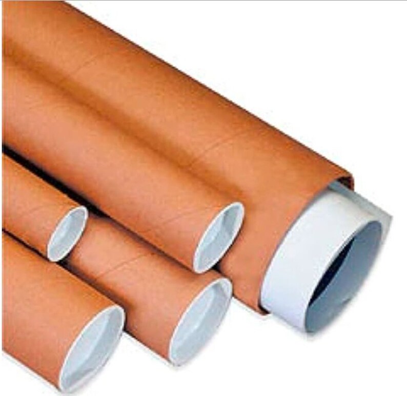 May include: Several brown cardboard mailing tubes of varying sizes, with white interiors, are arranged diagonally. The tubes are designed for shipping or storing rolled documents, posters, or artwork. The tubes are made of sturdy, durable cardboard.