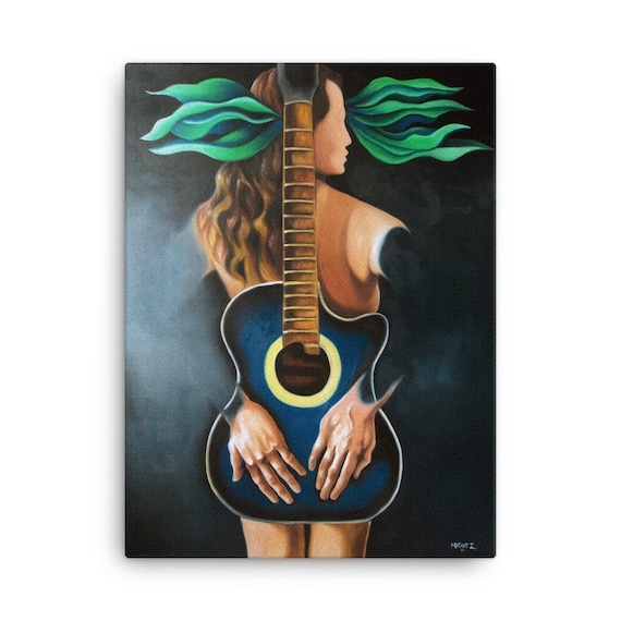 Troubadour Muse Canvas Art Print, Surrealist Guitar Painting by