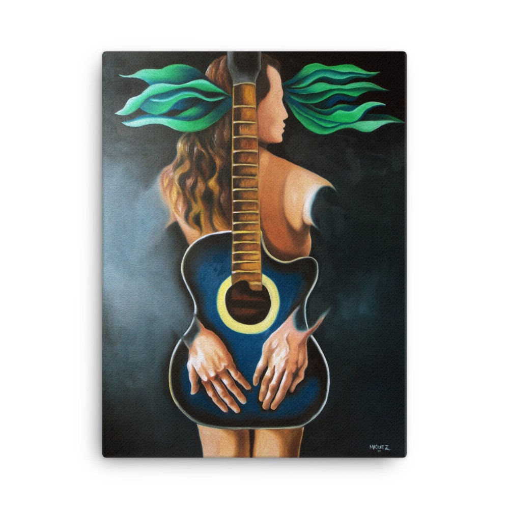 Troubadour Muse Canvas Art Print, Surrealist Guitar Painting by