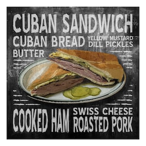 May include: A chalkboard style illustration of a Cuban sandwich with the ingredients listed: Cuban bread, butter, yellow mustard, dill pickles, Swiss cheese, cooked ham, and roasted pork.