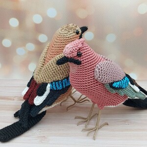 May include: Two crocheted birds, one brown and one pink, with blue and white accents. The birds are posed together, with the brown bird's head resting on the pink bird's back.