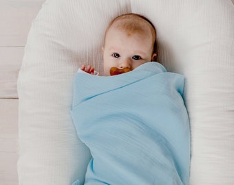 Bio Double Gauze Musselin Große Baby Swaddle Wrap | Stillhülle Schild | Babydecke hellblau| Baby Shower Geschenk| Baby Foto Outfit
