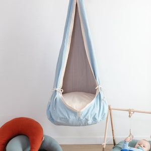 Wonderful Sky Blue hanging COCOON SWING for kids | Indoor fabric hammock swing | Toddler swing | Hanging chair | Home decor detail
