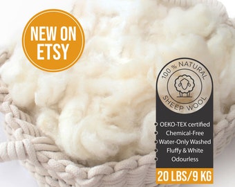 Wool Stuffing 9 KG / 20 LBS 100% Natural Washed Sheep Wool Filling | Loose Merino Wool | White & Odourless Wool | Pillows, Toys Filler