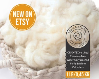 Wol Vulling 0,45 KG / 1 pond 100% Natuurlijk Gewassen Schapenwol Vulling | Losse merinowol | Witte & geurloze wol | Kussens, speelgoedvuller