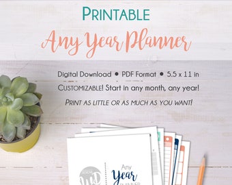 Printable, Any Year Planner, Custom Planner, Printable Planner Pages, Weekly Planning Spread, Monthly Calendar, Printable Planner, 2019