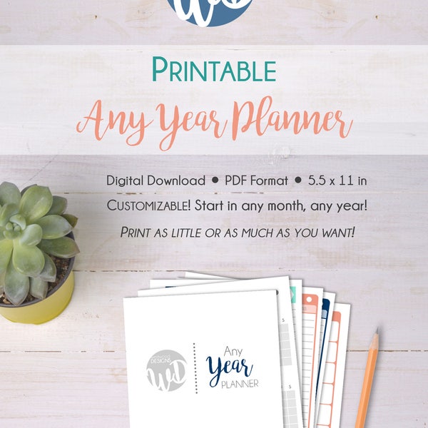 Printable, Any Year Planner, Custom Planner, Printable Planner Pages, Weekly Planning Spread, Monthly Calendar, Printable Planner, 2019