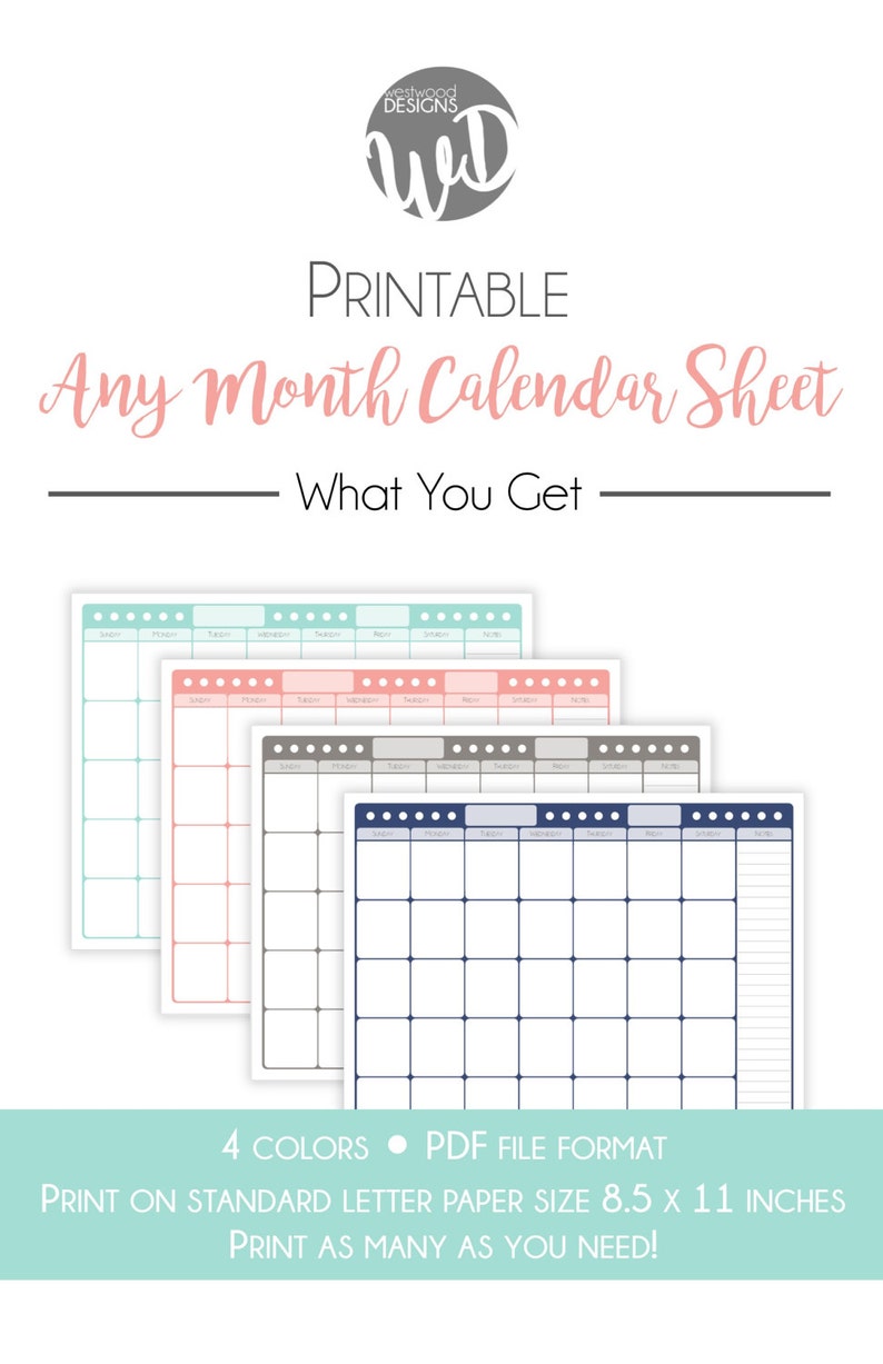 Any Month Printable Calendar Sheet Etsy España
