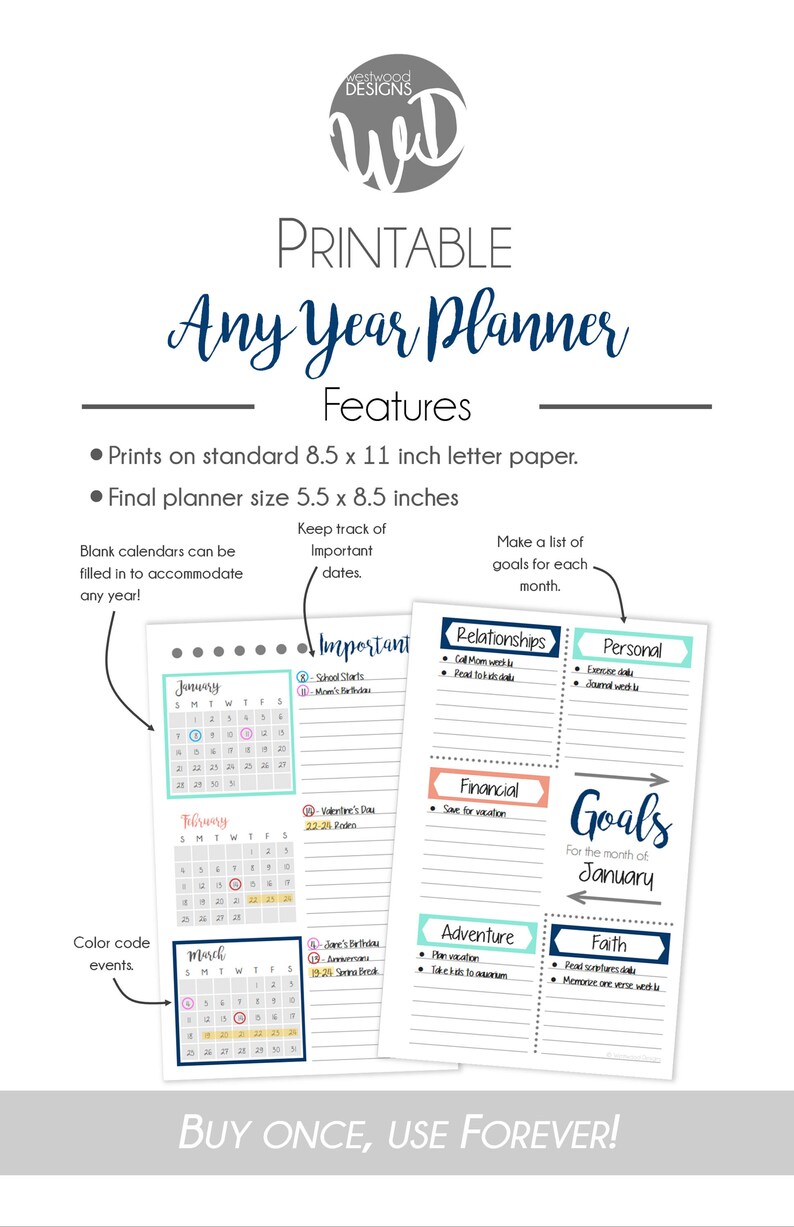 Printable Any Year Planner Custom Planner Printable Planner Etsy