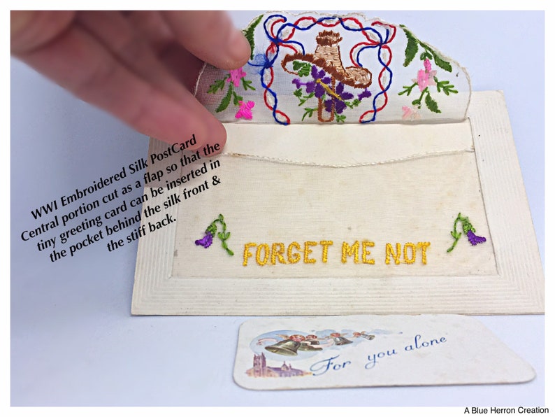 Hand Embroidered WW1 Silk Embroidered Postcard Unused Antique 1914-1918 Forget Me Not Postcard For Loved One Small Greetings Card