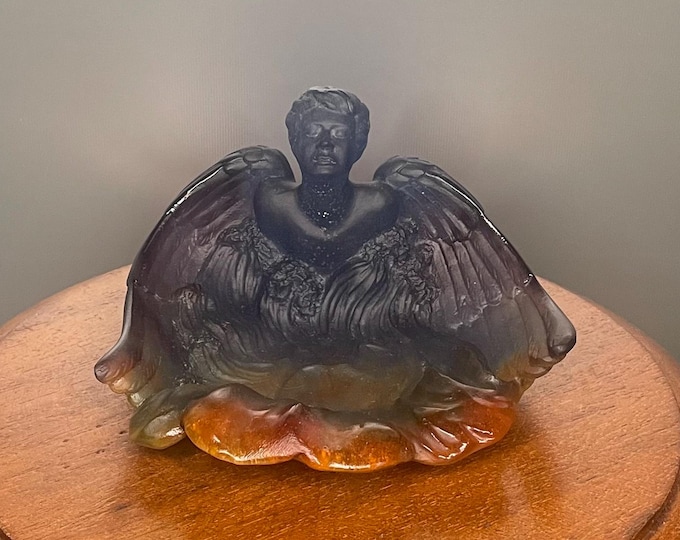 Featured listing image: Antique glass paste ring holder signed Daum France, Art Nouveau Angel, 1980, 15 cm. Rare polychrome sculpture in blue, purple and orange.