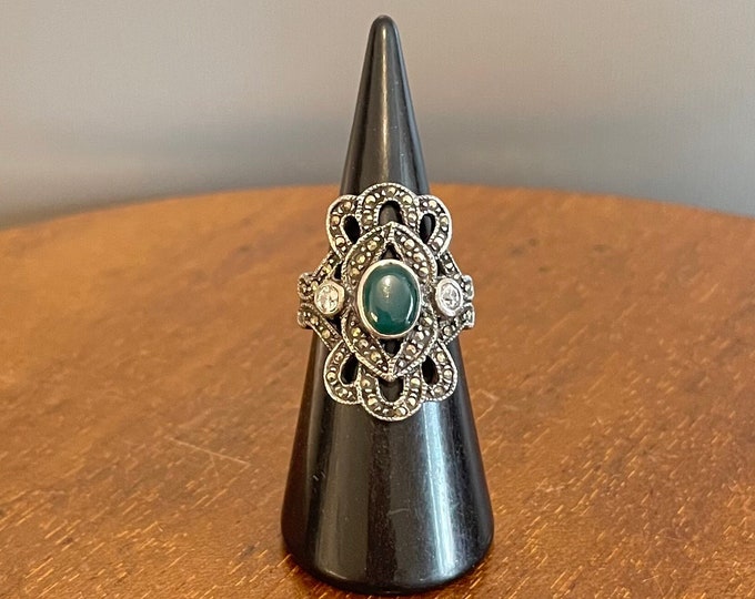 Antique and rare 925 silver ring in the Art Nouveau style, decorated with openwork scrolls, synthetic stones and marcasite, hallmarked with the Minerva 925 hallmark, size 52