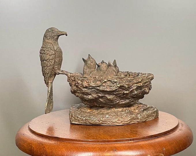 Featured listing image: Antique bronze signed P. Chenet Rare sculpture of a bird feeding its young Late 20th - early 21st century 15 x 18 cm