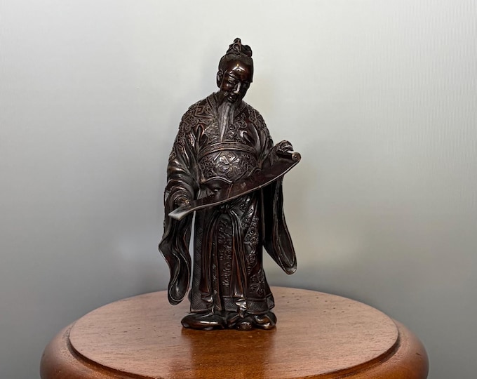 Featured listing image: Antique bronze statuette (21 cm) of a Chinese scholar reading a scroll. China, 20th century. Rare traditional Asian sculpture.
