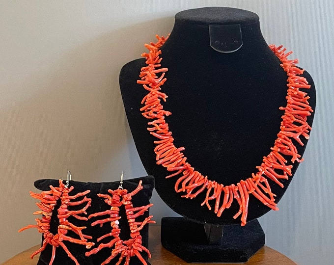 Antique and rare red coral branch jewelry set consisting of a necklace and a pair of 920 silver earrings
