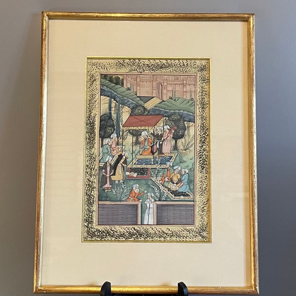 Ancien et rare tableau d'une miniature persane peint à la gouache décor scène de cour Perse peint à la main milieu XX ième siècle