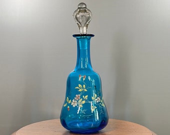 Old and rare small blue tinted blown glass carafe with polychrome floral decoration attributed to Maison Legras early 20th century 23 cm