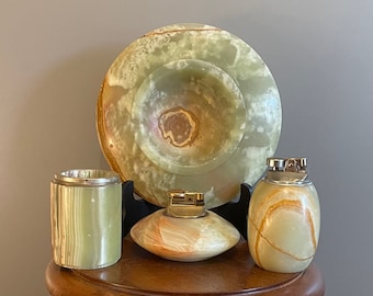 Old and rare ashtray, two lighters and a cigarette holder in marble and silver