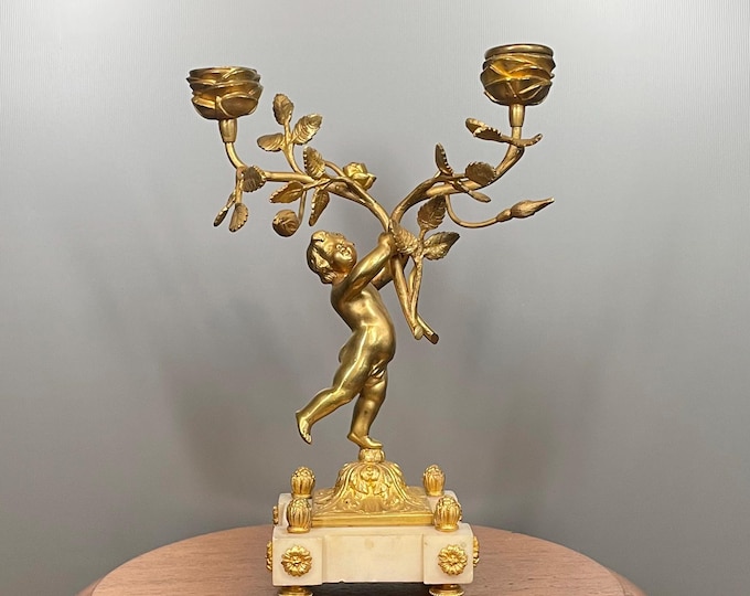Featured listing image: Antique two-light gilt bronze candlestick Putto Louis XVI 24 cm Late 19th century Rare