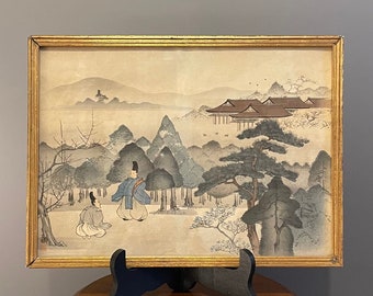 Ancien et rare estampe Ukiyo-e japonaise polychrome fable Le rossignol et le prince Kano Tomonobu et Kajita Hanko 1895