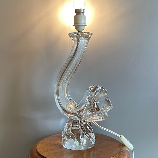 Ancien et rare pied de lampe Daum cristal soufflé modèle Lynx 65 forme corne d'abondance signé étiquette Daum France 1955 31 cm