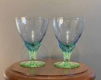 Antique and rare 2 Italian ice cream glasses or cups in blue and green glass brand Bormioli Rocco model Bahia 14.5 cm