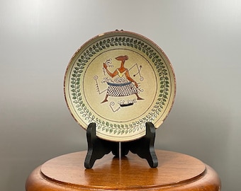 Old and rare enameled ceramic bowl on pedestal René Maurel (1910-1986) stylized polychrome woman decoration mid-20th century 6.5 cm