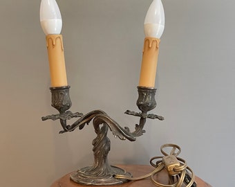 Old and rare two-light Christofle candlestick mounted as a patinated silver metal lamp with acanthus leaf decor half of the 20th century 1923554 10
